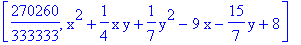 [270260/333333, x^2+1/4*x*y+1/7*y^2-9*x-15/7*y+8]